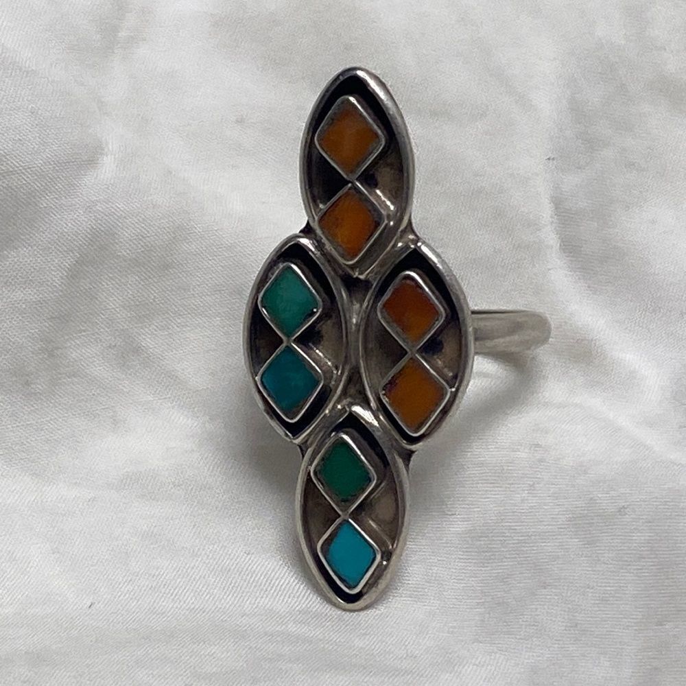 Vintage Southwestern Navajo Turquoise Coral & Sterling Silver Old Pawn Ring - Picture 6 of 14